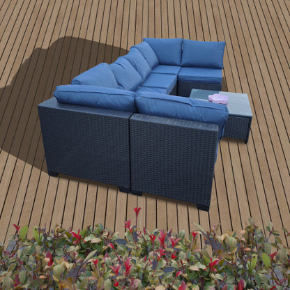 Seven-Piece Sofa Set Table With Sofa Chair Black PE Rattan Outdoor Furniture 7-JH001 Box 3-1-2-3 With Blue Color Cushion