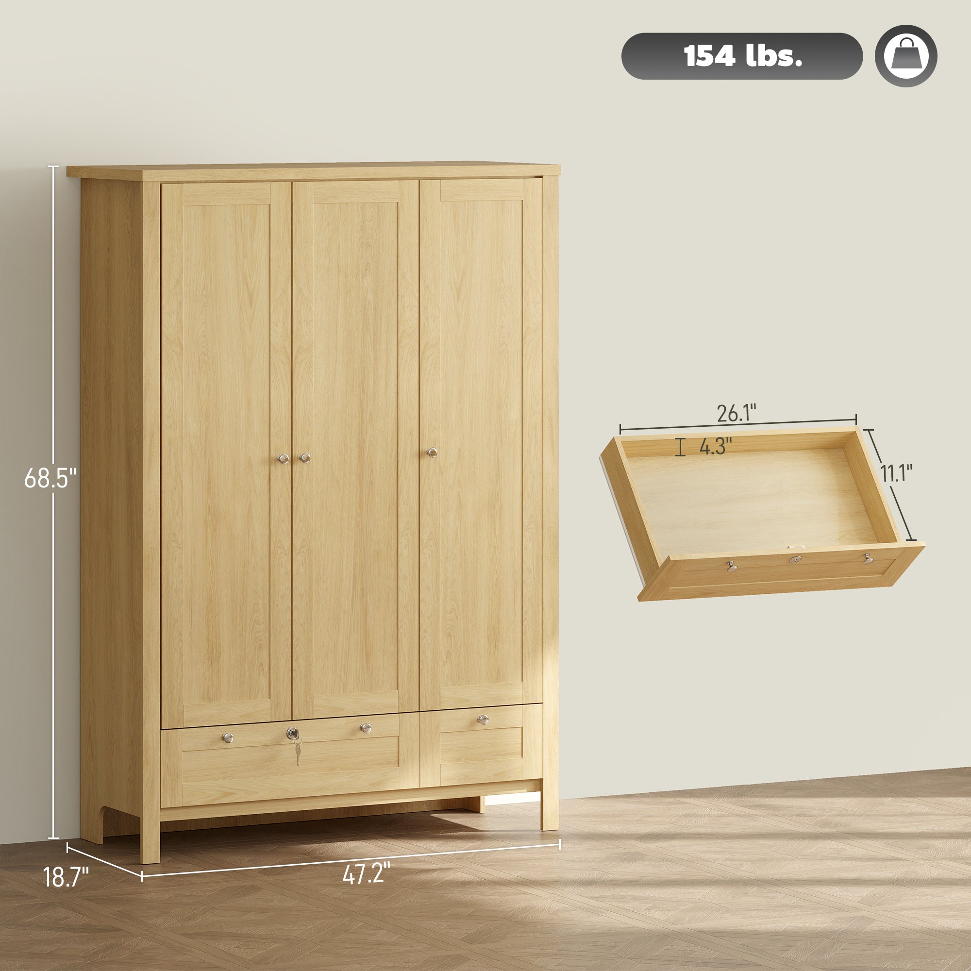 Wardrobe Closet 3 Doors 2 Drawers Modern Bedroom