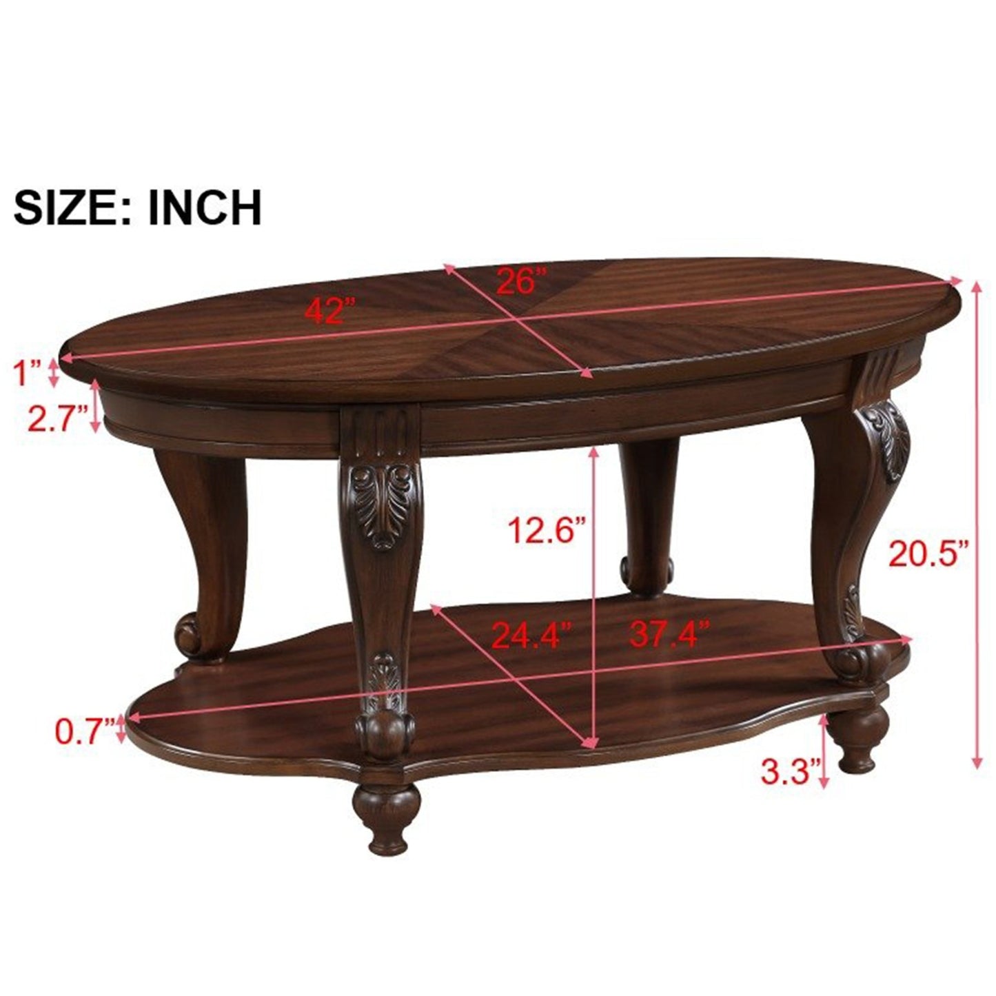 42'' Oval Wood Coffee Table For Living Room, 2-Tier Solid Wood Cocktail Table With Open Storage Shel