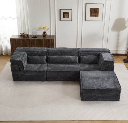 Compression Mahjong Sofa,Convertible Floor Sofa Bed,DIY Boneless Modular Sectional Sofa,No Assembly Required,Circle Fleece Fabric,Oversized 3 Seater With 1 Ottoman,Dark-grey
