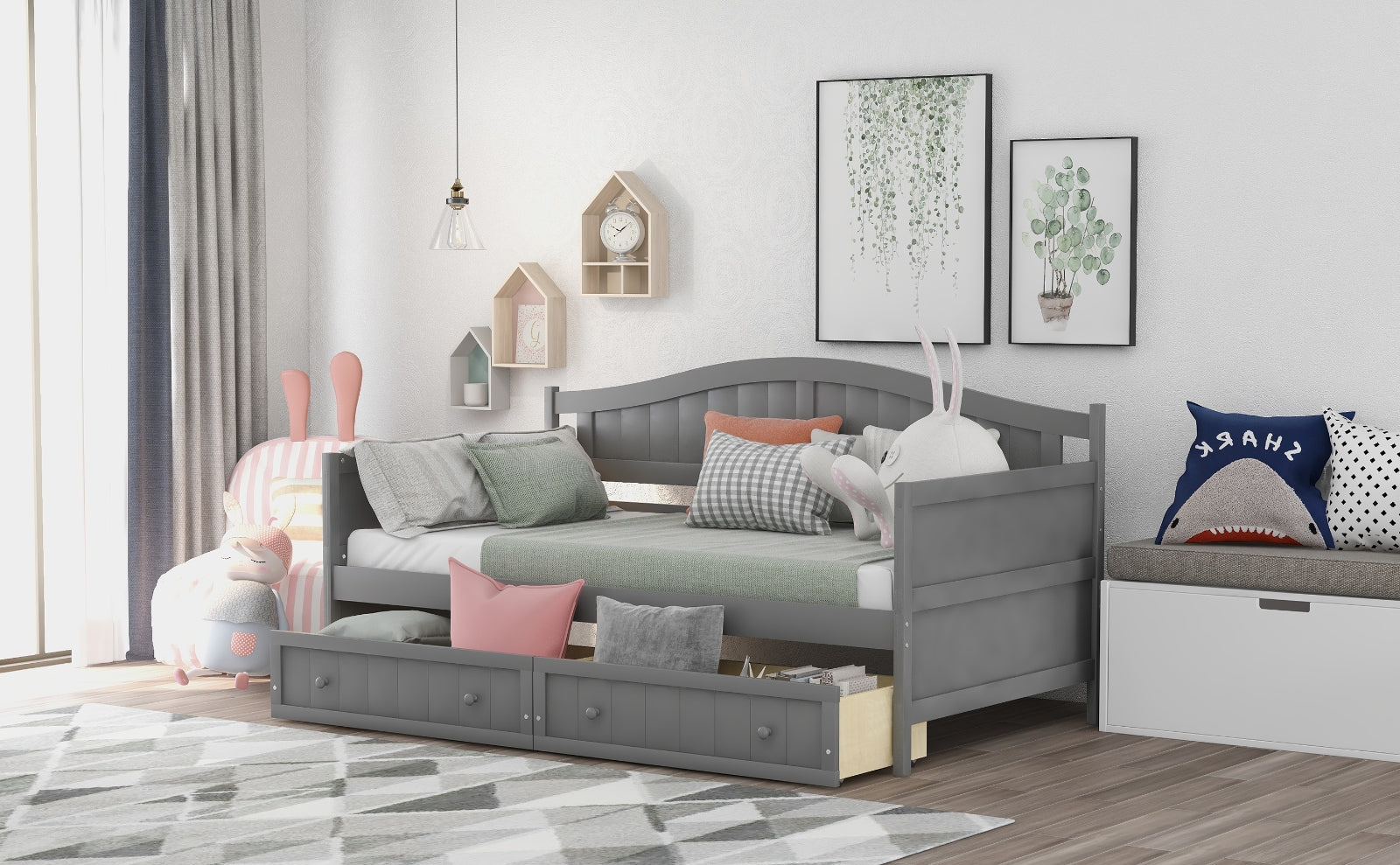Gray Wooden Daybed Drawers