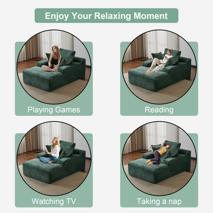 Oversized Chaise Lounge Chair Cozy Cloud Couch, Modern Plush Corduroy Upholstered Sleeper Sofa Daybed With 3 Throw Pillows And Wide Armrest For Living Room, No Assembly Required,Green