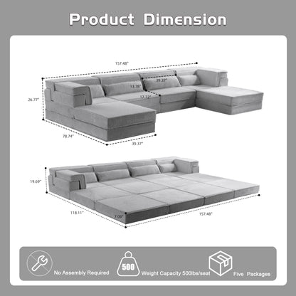 Compression Mahjong Sofa,Convertible Floor Sofa Bed,DIY Boneless Modular Sectional Sofa,No Assembly Required,Circle Fleece Fabric,Oversized 4 Seater With 2 Ottoman,Light-grey