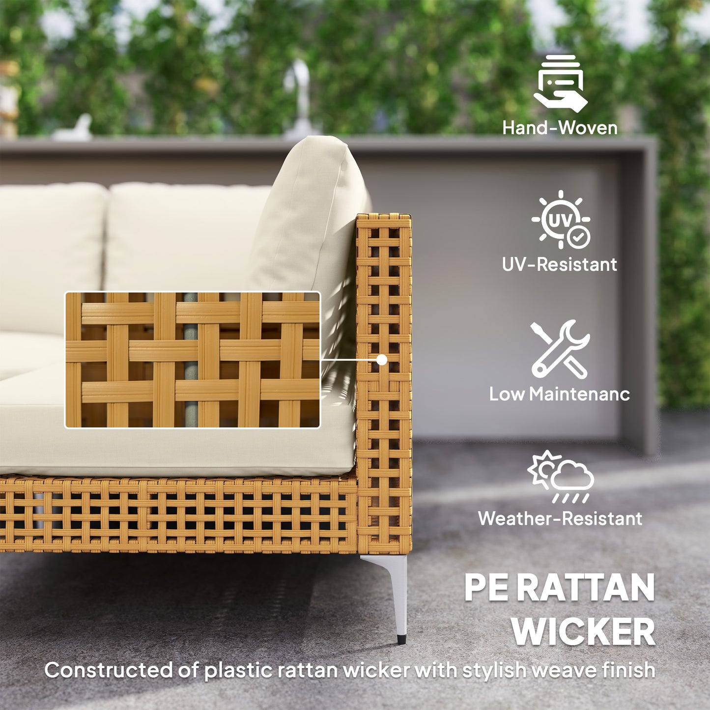 7 Piece Wicker Patio Furniture Set, Modular Outdoor Sectional With Thickened Cushions, Acacia Wood Table, Khaki Beige