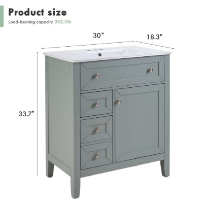 Solid Wood Bathroom Vanity With Ceramic Undermount Sink 12 Soft Close Drawer Slides, Flip Bin  Single Drawer  Storage Drawer, Adjustable Shelf, 70kg Load Capacity, Gray