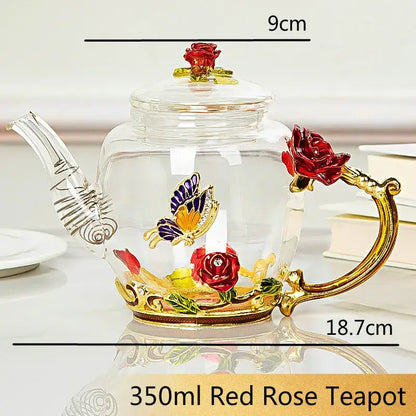 Daisy enamel pink crystal glass teapot set featuring a clear 350ml glass teapot with gold red rose and butterfly embellishments
