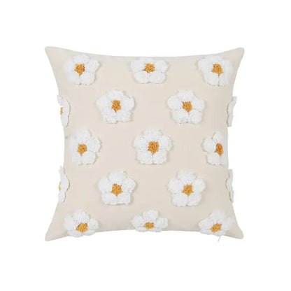 Beige cushion cover with daisy flora embroidered white daisies and golden centers for living room decorbites decor