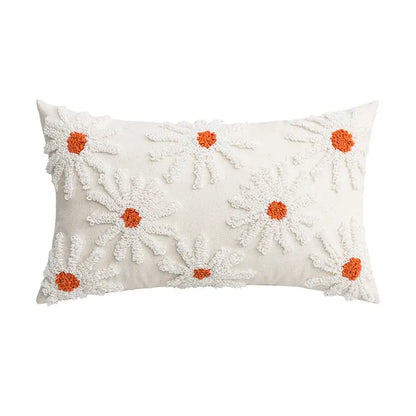 White rectangular cushion cover with textured orange and white daisy flora embroidered for living room decorbites decor