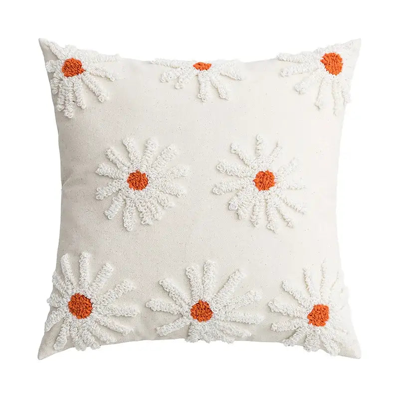 Cream-colored cushion cover with daisy flora embroidered white daisies and orange centers for living room decorbites decor