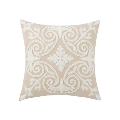 Beige square pillow cover with intricate white embroidered floral and scrollwork design for decorbites daisy home bedroom decor