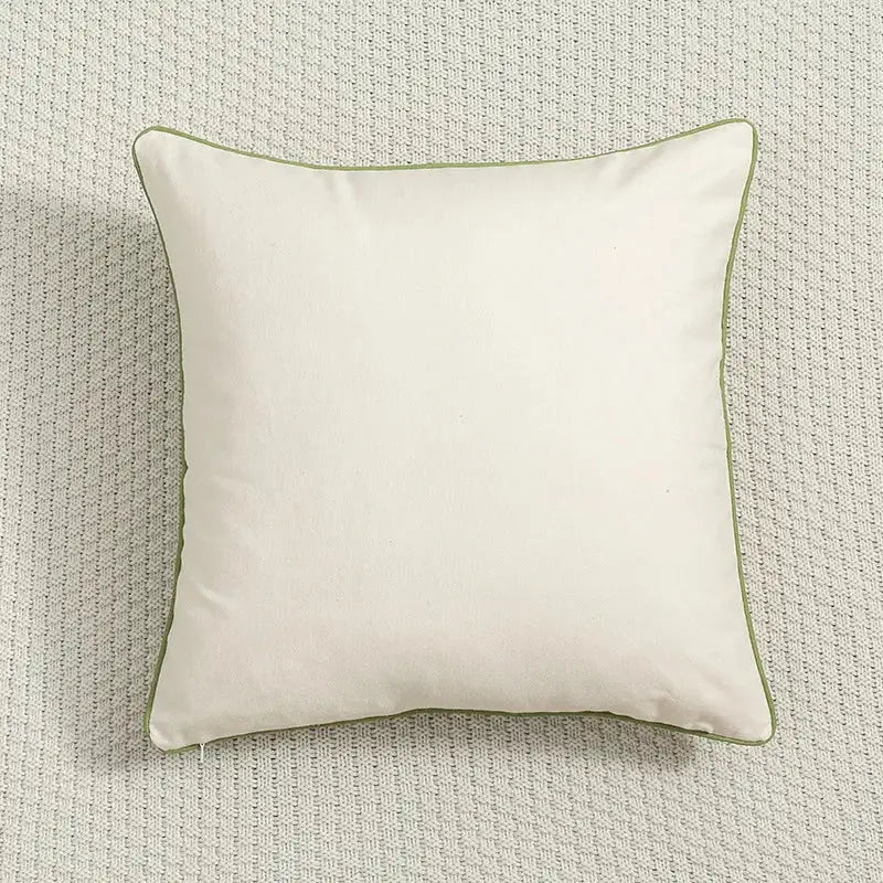 Cream cushion cover with subtle olive green piping featuring decorbites daisy floral embroidery for living room decor