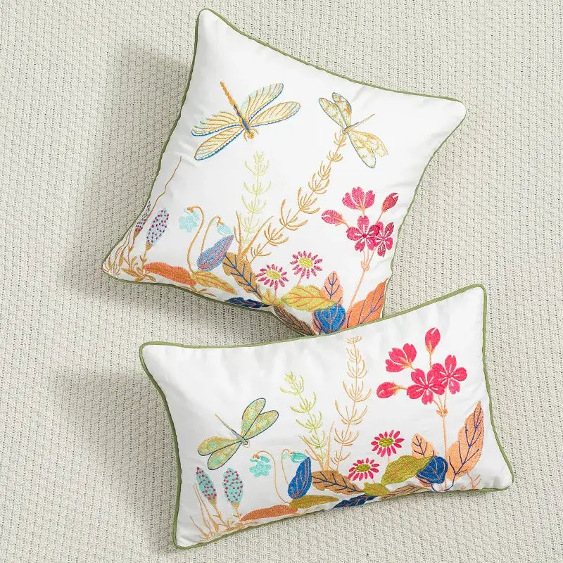 White embroidered cushion cover with daisy floral embroidery and colorful dragonflies for living room decorbites daisy floral