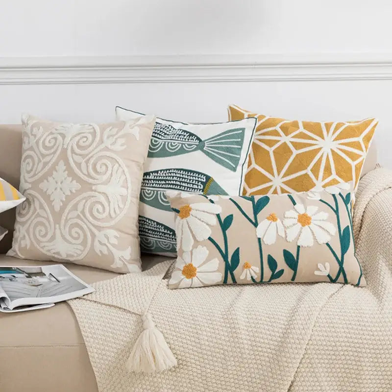 Beige decorbites daisy floral geometric embroidery pillowcase with white floral pattern and green accents for living room decor