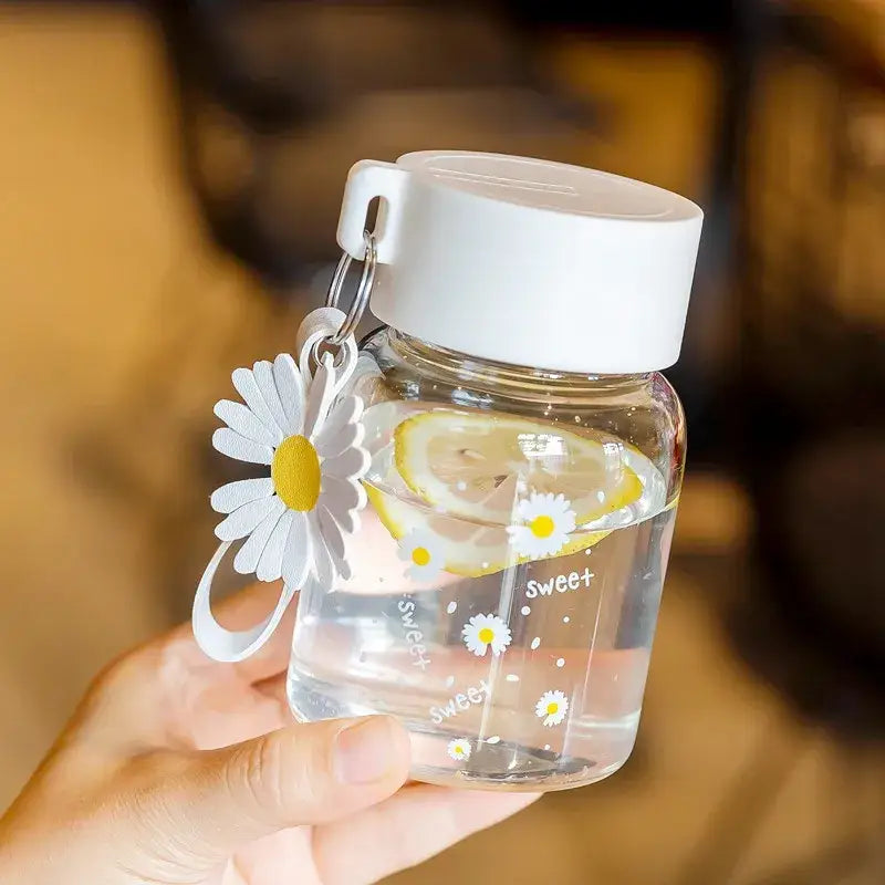Clear glass daisy flower glass water bottle with white lid yellow-centered daisies and decorbites daisy flower charm