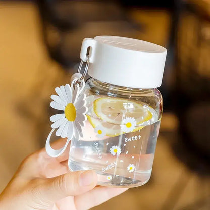 Clear glass daisy flower glass water bottle with white lid yellow-centered daisies and decorbites daisy flower charm