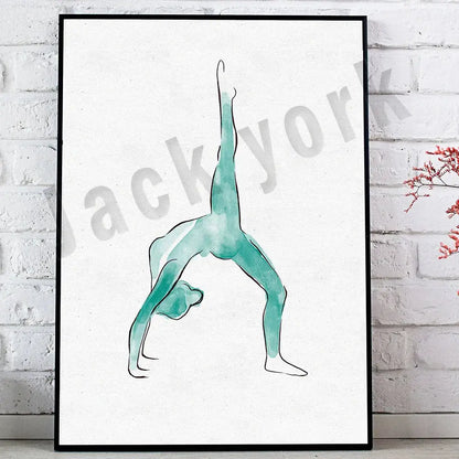 Minimalist watercolor dance king yoga print featuring abstract handstand figure in teal with black frame for bedroom decorbites decor