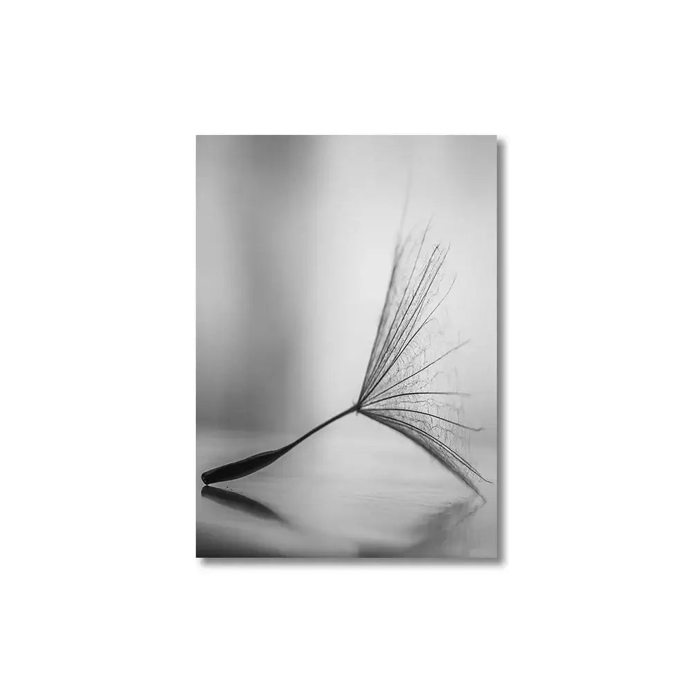 Black and white dandelion canvas wall art featuring a reflective dandelion flower picture by DecorBites™