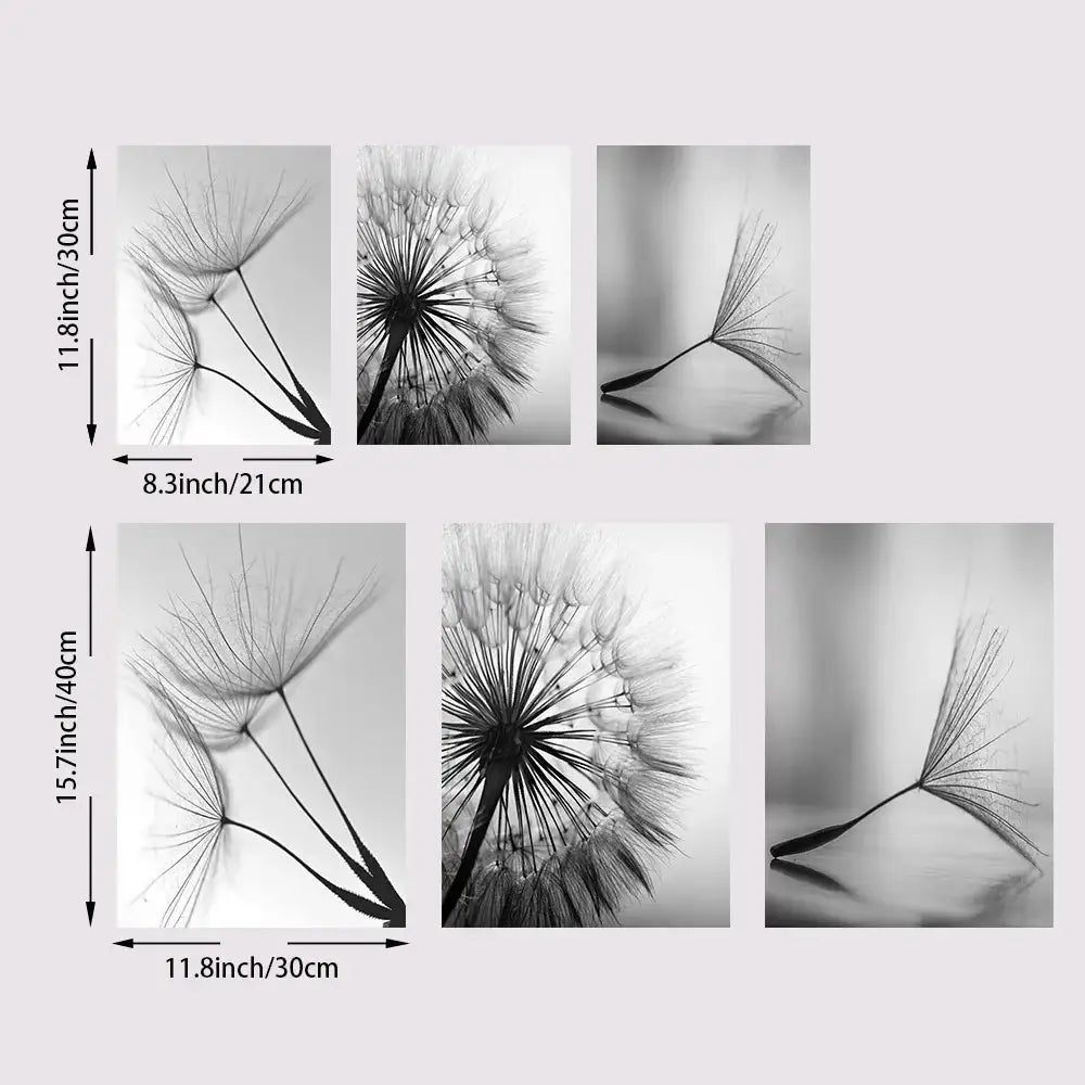 Set of five black and white dandelion flower pictures on white dandelion canvas wall art by DecorBites