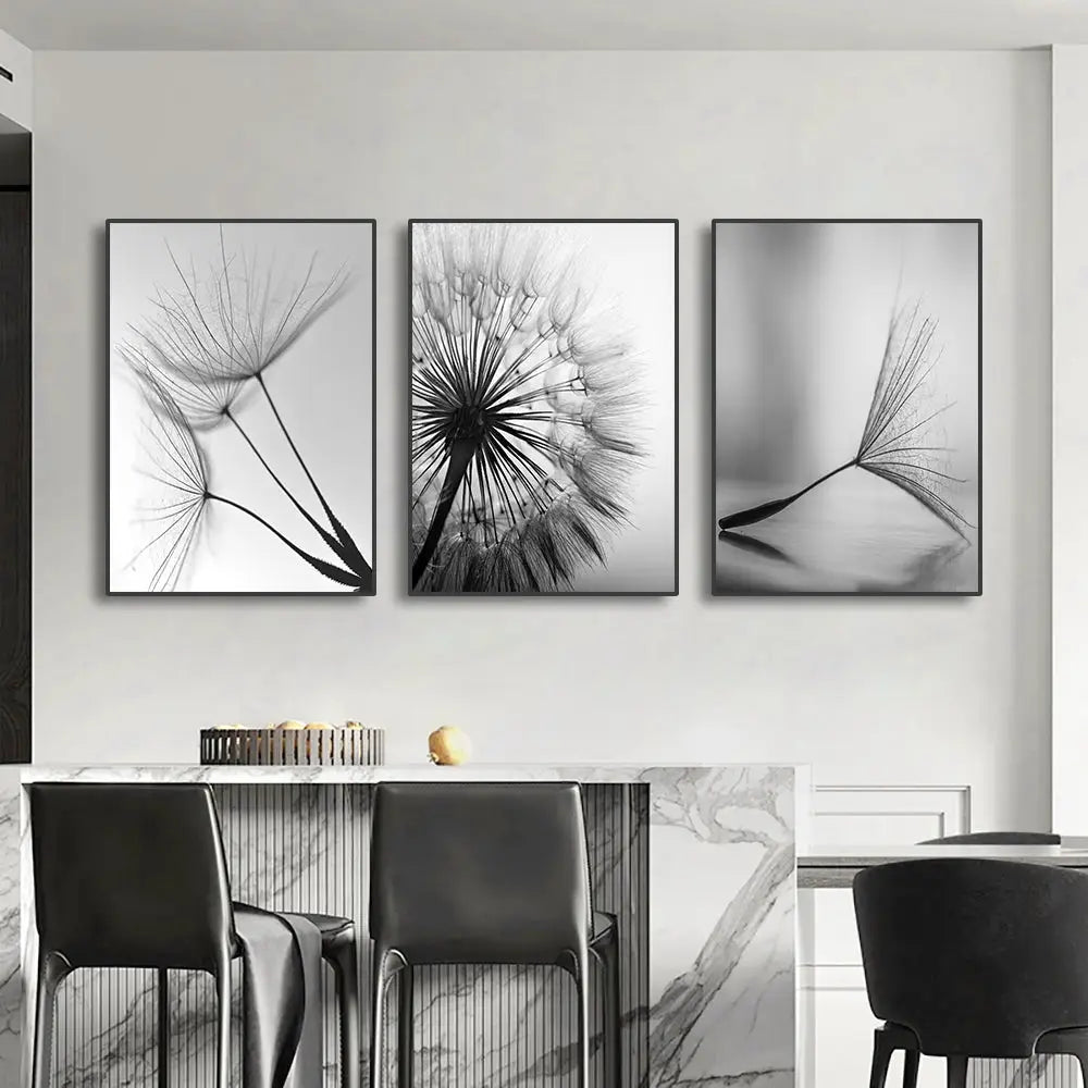Set of three black and white dandelion flower pictures in framed white dandelion canvas wall art by decorbites