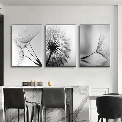 Set of three black and white dandelion flower pictures in framed white dandelion canvas wall art by decorbites