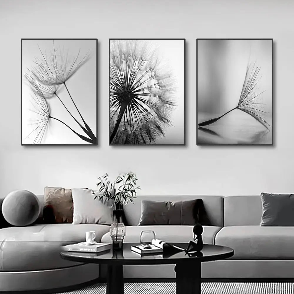 Three black and white framed dandelion flower pictures by DecorBites™ featuring white dandelion canvas wall art