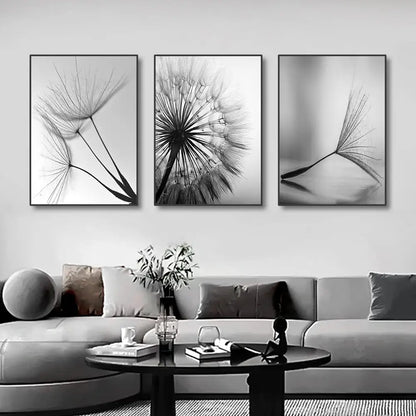 Three black and white framed dandelion flower pictures by DecorBites™ featuring white dandelion canvas wall art
