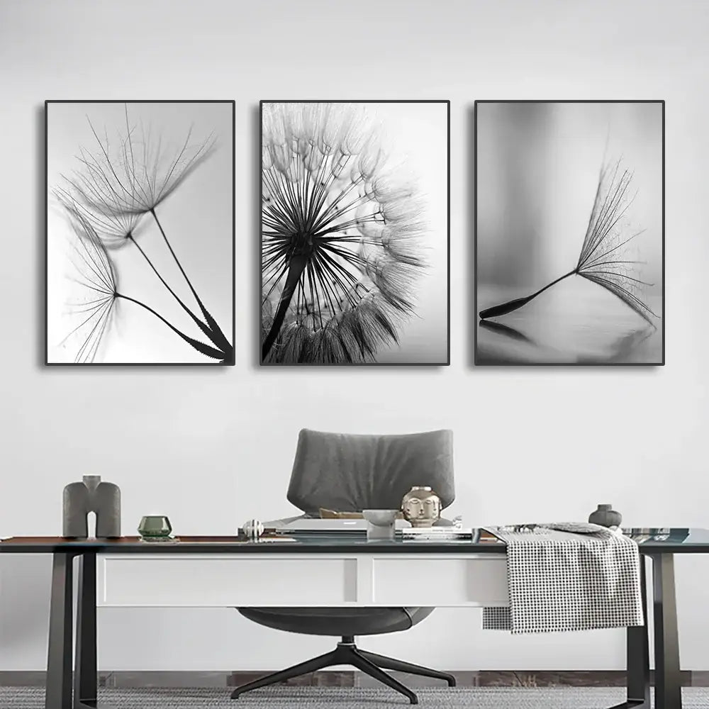 DecorBites black and white dandelion canvas wall art featuring three framed dandelion flower pictures in monochrome