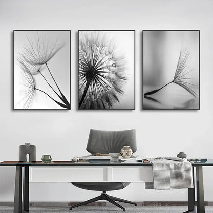 DecorBites black and white dandelion canvas wall art featuring three framed dandelion flower pictures in monochrome