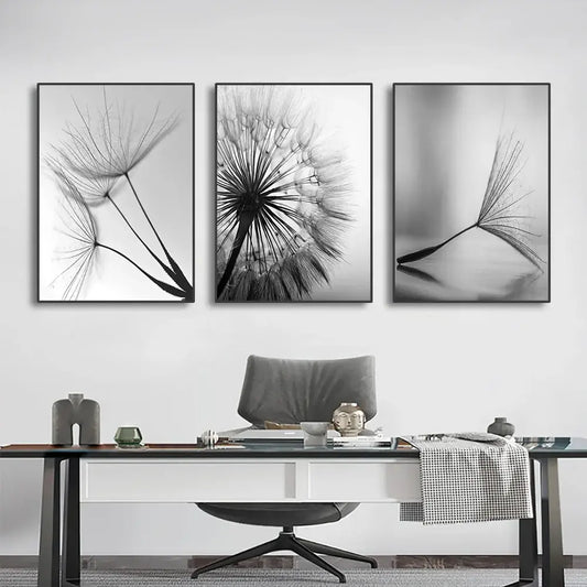 DecorBites black and white dandelion canvas wall art featuring three framed dandelion flower pictures in monochrome