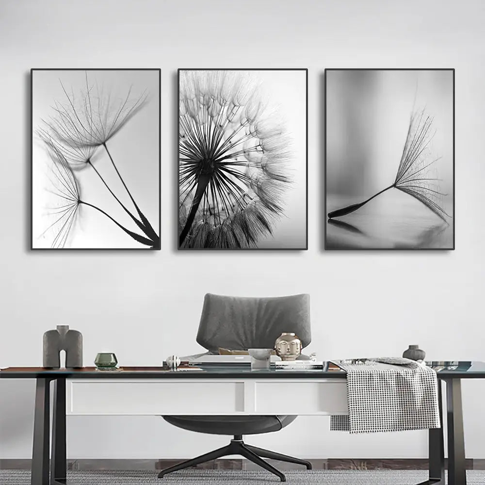 DecorBites™ black and white dandelion canvas wall art featuring three minimalist framed dandelion flower pictures