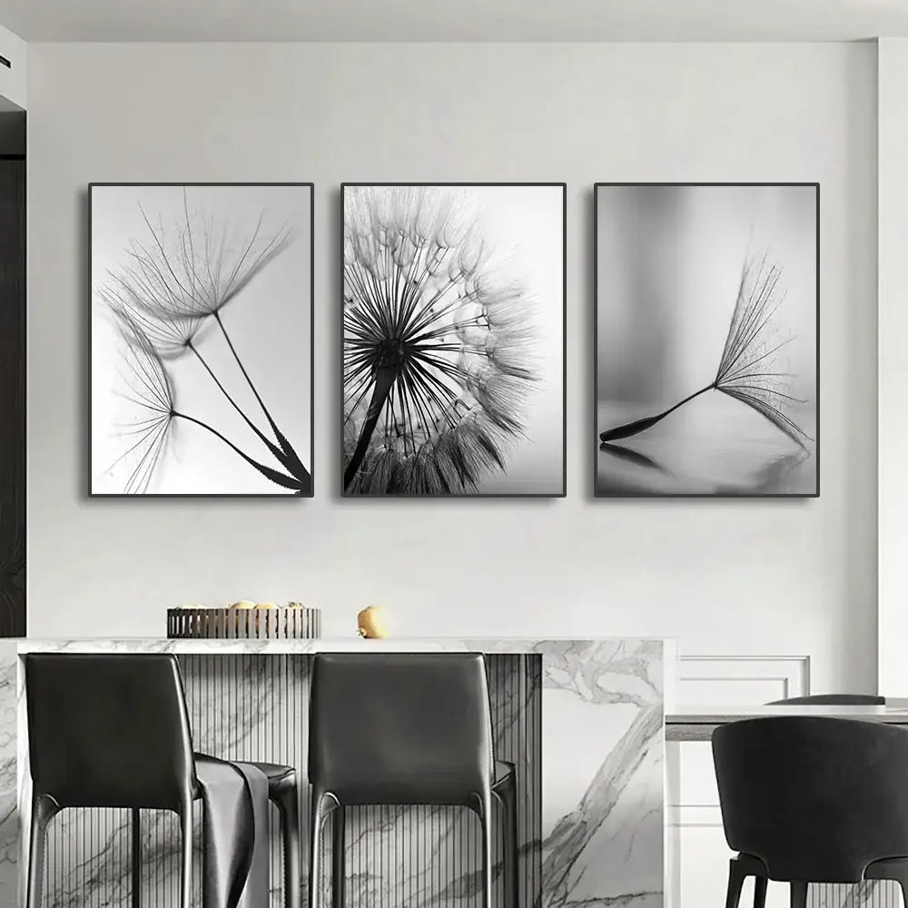 DecorBites black and white dandelion canvas wall art features three monochrome dandelion flower pictures in black frames