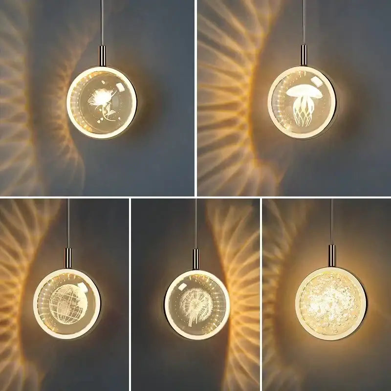 Circular crystal ball pendant lights with translucent etched dandelion crystal ball and jellyfish designs for dining room decorbites