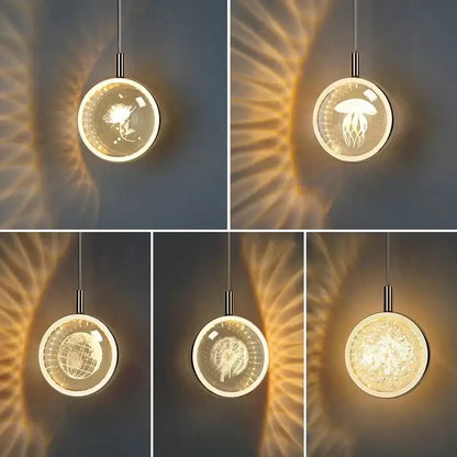 Circular crystal ball pendant lights with translucent etched dandelion crystal ball and jellyfish designs for dining room decorbites