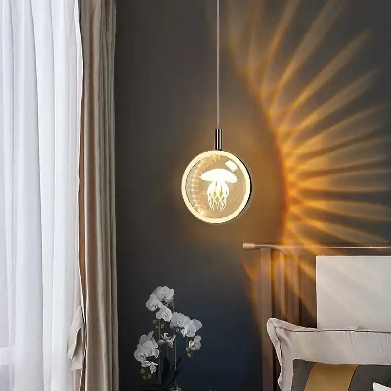 A modern dandelion crystal ball jellyfish pendant light with warm amber glow and sleek metallic finish for dining room decor