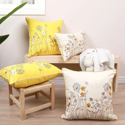 Yellow and cream floral embroidered pillow cover with gold trim and decorbites dandelion floral design for living room decor