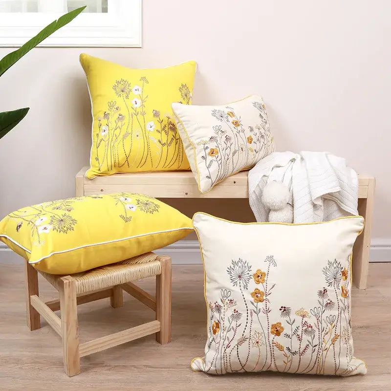 Yellow and cream floral embroidered pillow cover with gold trim and decorbites dandelion floral design for living room decor