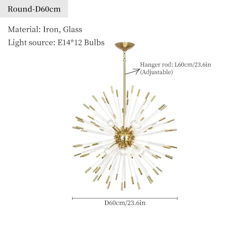Dandelion golden ball starburst chandelier in gold and clear glass with iron hub and 12 e14 bulbs for dining room decor