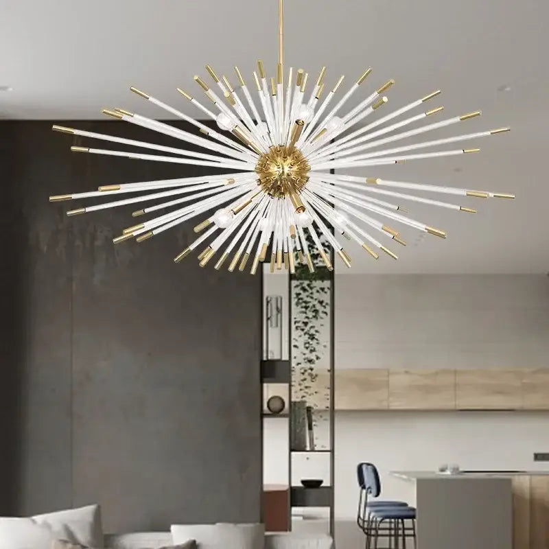 Dandelion golden ball starburst chandelier with gold and white slender rods and spherical bulbs for dining room decor