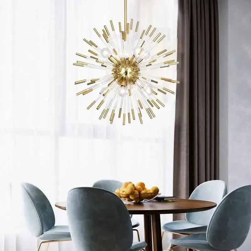 Dandelion golden ball starburst chandelier with gold tone, clear glass rods, and exposed bulbs for dining room decorbites dandelion golden