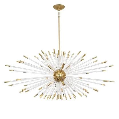 Dandelion golden ball starburst chandelier with gold finish clear glass rods and brass accents for white dining room decor