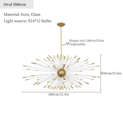 Dandelion golden ball starburst chandelier with gold-toned iron hub and clear glass sputnik design for dining room decor