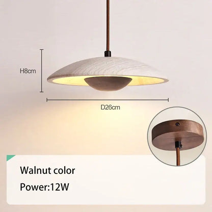 Danish cream stone wood chandelier bedroom pendant light with walnut-colored textured disc shade and warm glow decorbites cream stone