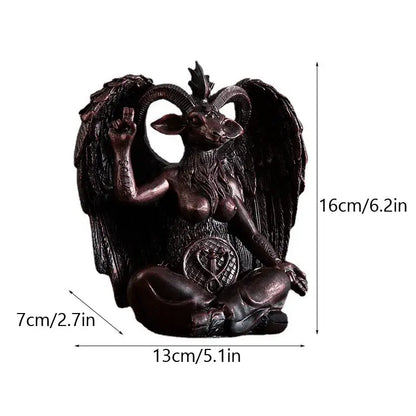 Dark bronze baphomet horned devil statue with goat head and ram horns seated in meditation pose for office gothic decor