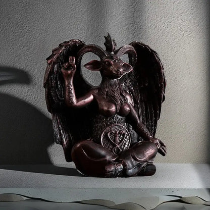 Dark bronze baphomet resin statue with goat head wings and tattoos gothic living room decor resin statue