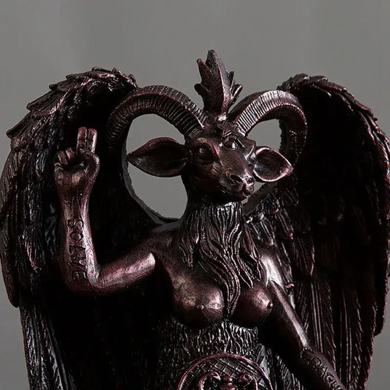 Dark bronze baphomet resin statue featuring a winged goat-headed demon with intricate horns and feathered wings for gothic decor