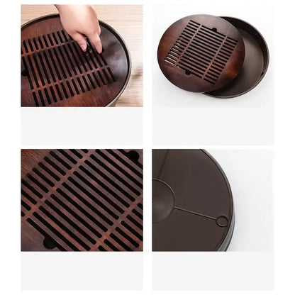 Dark brown bamboo tea tray with slatted grid pattern designed for tea tray drainage in dining room kung fu tea use