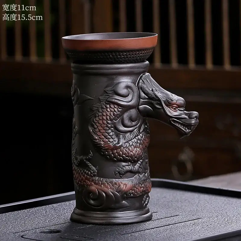 Dark brown ceramic dragon tea leaf funnel filter with intricate red dragon design for decorbites dragon tea decor