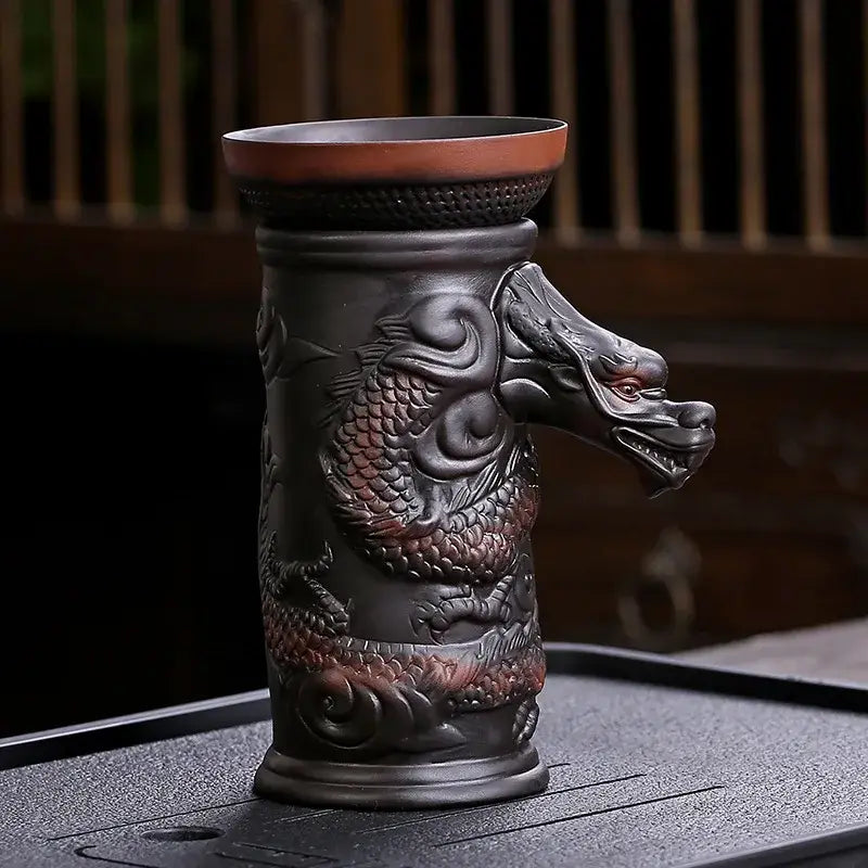 Dark brown ceramic dragon tea leaf funnel filter with intricate dragon design and reddish-brown accents for decorbites dragon tea decor