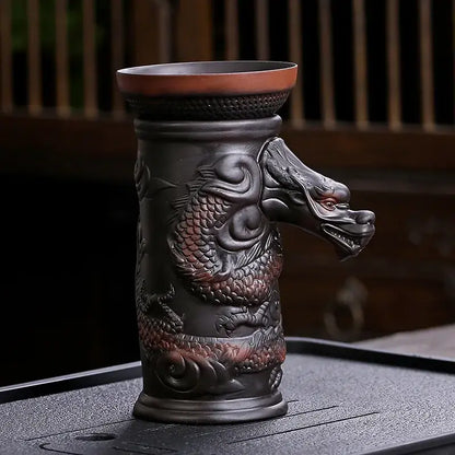 Dark brown ceramic dragon tea leaf funnel filter with intricate dragon design and reddish-brown accents for decorbites dragon tea decor