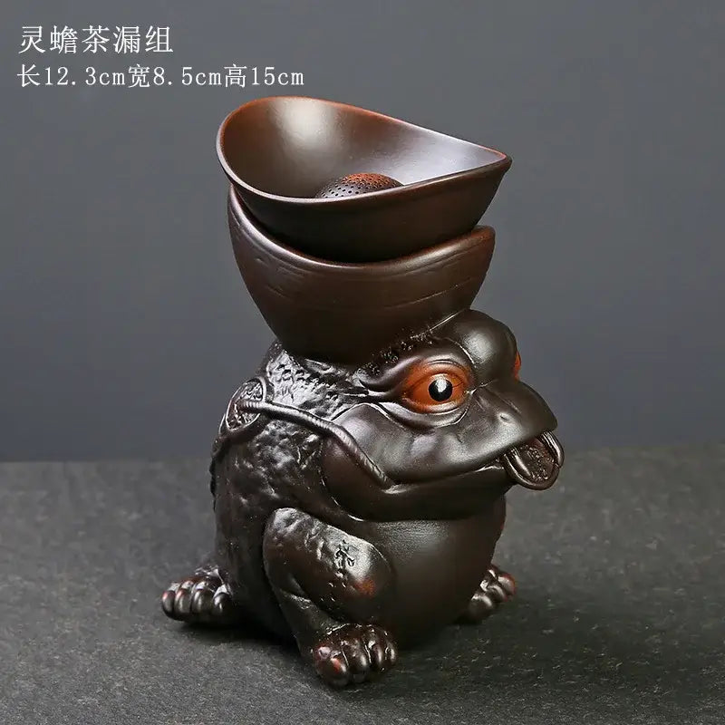 Dark brown ceramic funnel filter shaped like a frog with stacked bowls for decorbites dragon tea leaf use